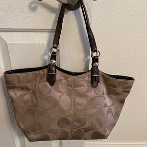 Extra Large 3 compartment Authentic satin Coach Purse with dark brown interior